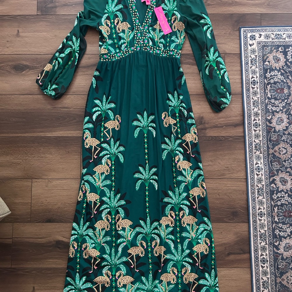 Lilly Pulitzer Tropical Green Dress with Flamingo Print